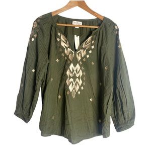 Anthropologie NWT Velvet by Graham and Spencer Olive Green Embroidered Top.